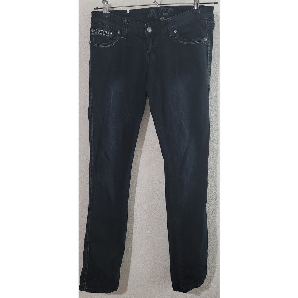 Antique Rivet Black Distressed & Embellished Stone Wash Denim Jeans 29 Skinny